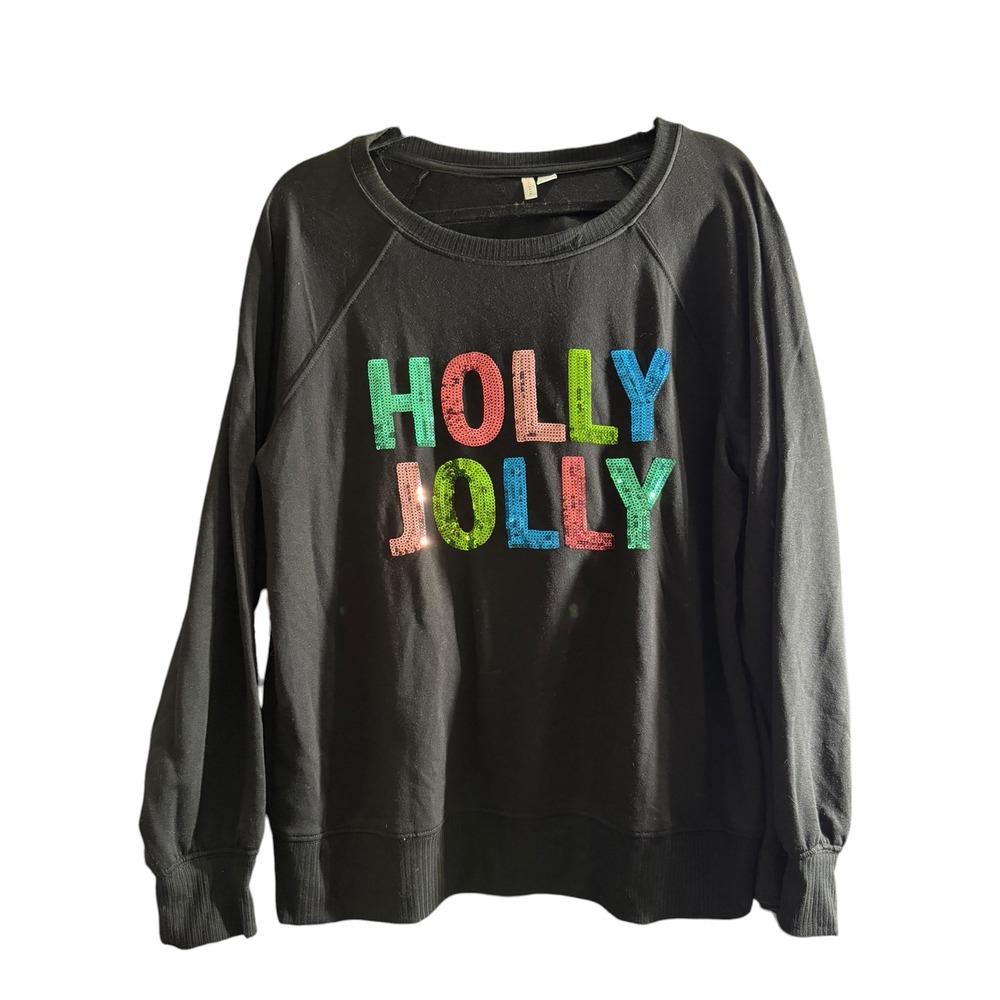 Cato Holly Jolly Sequin Christmas Sweatshirt Black Raglan Sleeve Large